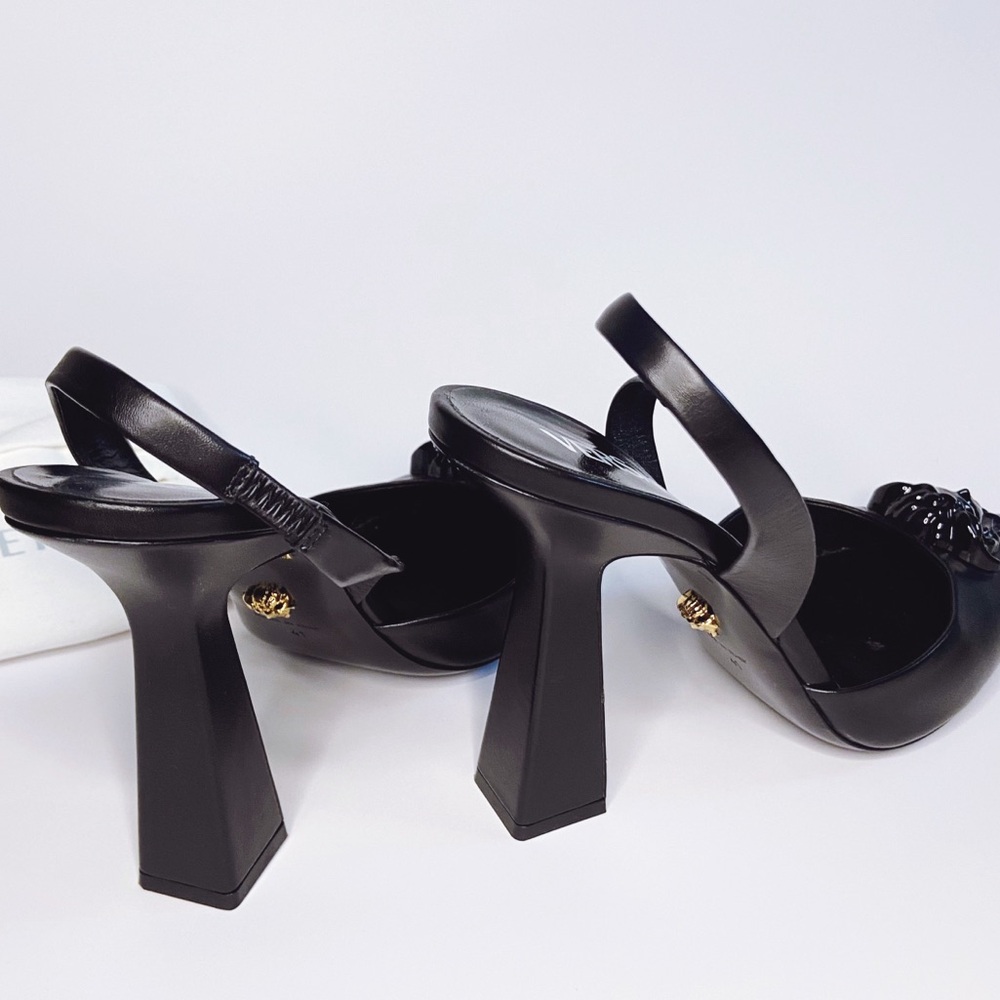 Versace Black Slingback Pointed Toe Heels with Medusa Chain - Picture 9 of 17